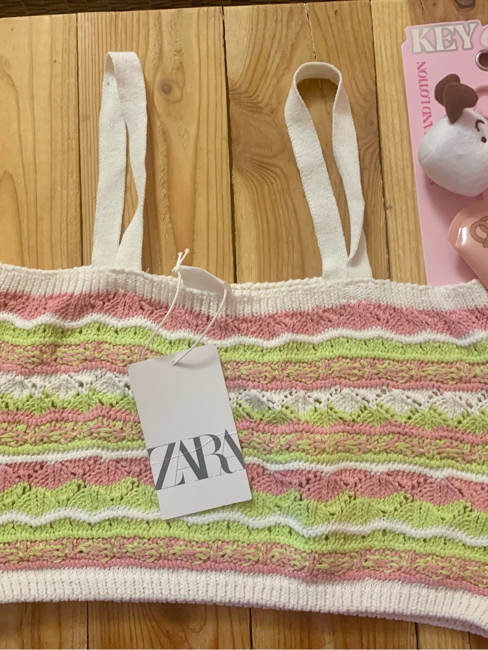 ZARA Pink, Lime & White Striped Crochet Tank Top